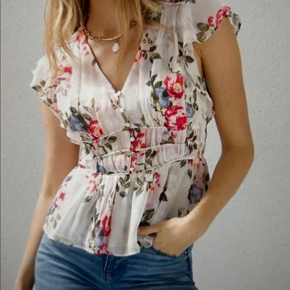 WHBM Floral Print V-Neck Blouse with Flutter Sleeves, Size XXS